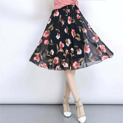 Floral Chiffon Skirt Female Summer Mid-length High-waist Print Big Swing Fairy Skirt Ladies Small Short Skirt Thin