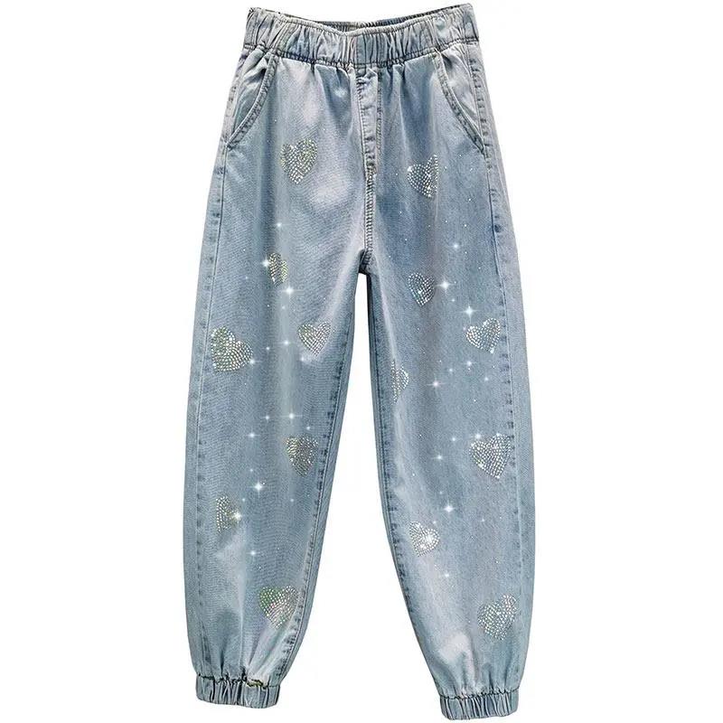 Female Elastic Waist Casual Loose Rhinestone Long Jogger Pants Women's Large Size Jeans In Autumn and Winter