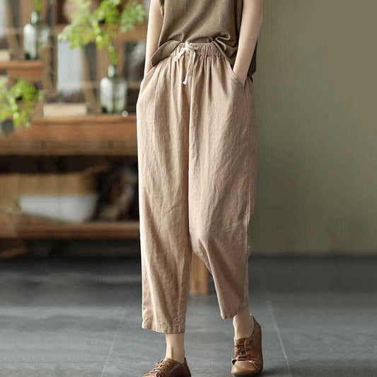 WTEMPO Thin Cotton and Linen Women's Pants Bloomers Plus Size Retro Cropped Trousers Loose Casual All-match Harem Pants