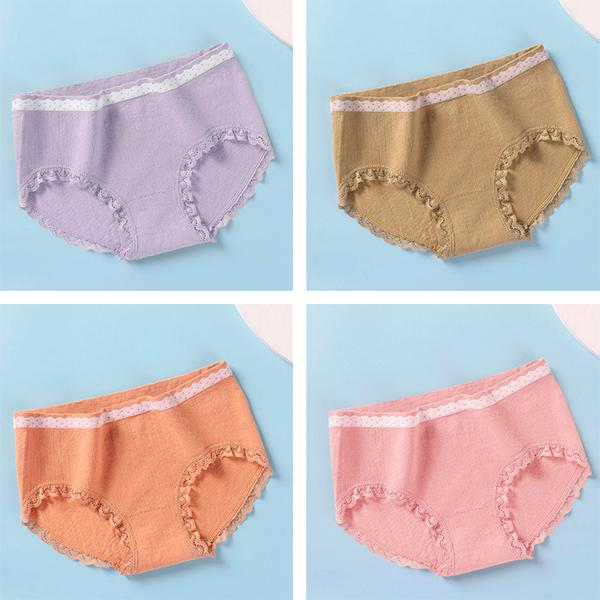 4Pcs/Set Women's Soft Underpants Casual Mid-waist Solid Color Cotton Crotch Solid Color Lace Briefs