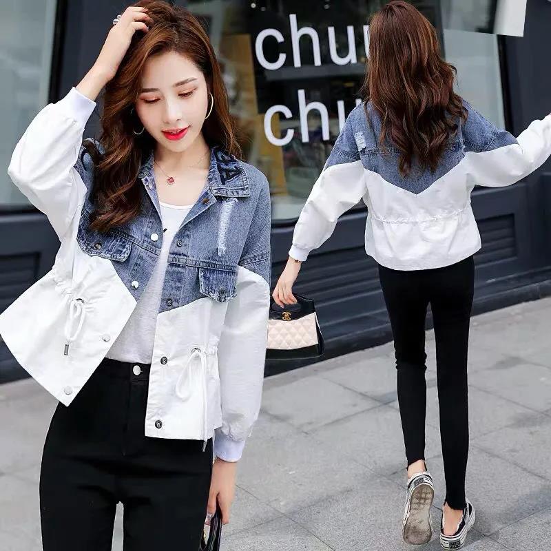 Spring and Autumn Waist Thin Embroidery Stitching Contrast Color Hole Washed Denim Short Jacket Top Ladies Casual Long Sleeve Jacket