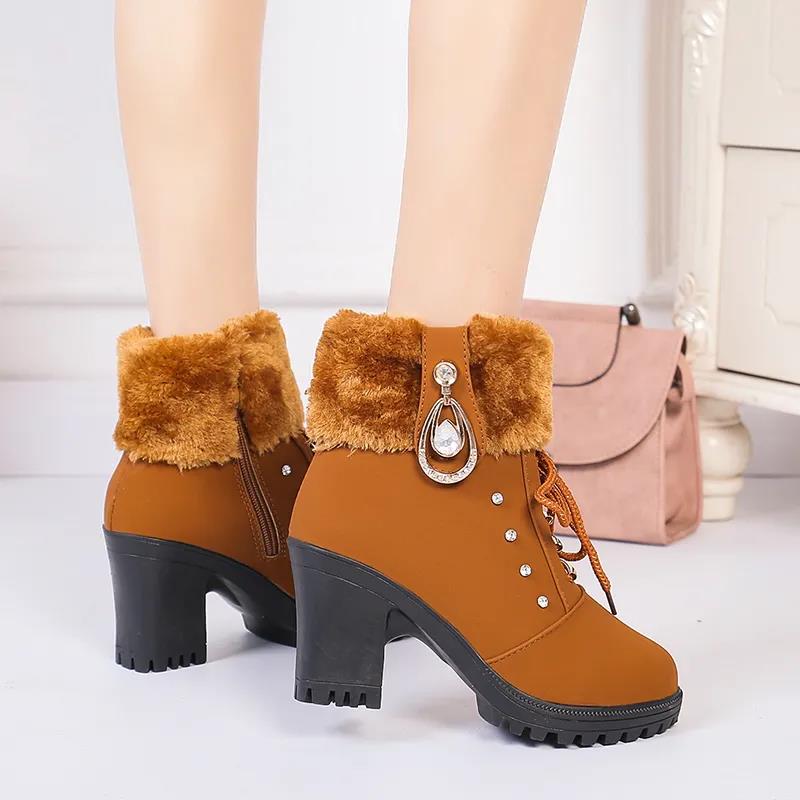 Plus Velvet Women's Boots 2021 Autumn Winter Martin Boots Female British Style High-heeled Short Boots Thick Heel Side Zipper