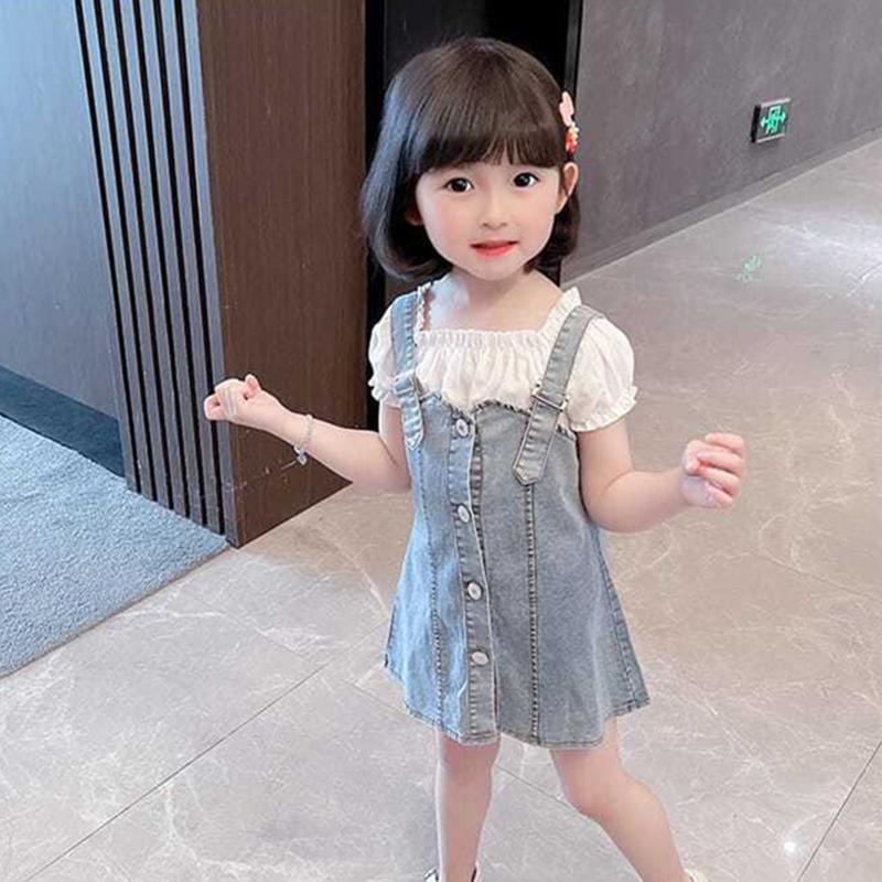 2PCS Children Clothing Set Spring Korean Style Summer Girls Suits Printing Short Sleeve Ruffle Tops + Braces Skirt Clothing Set