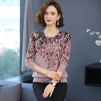 Autumn and Winter Printed Cardigan Women's Plus Size Casual Sweater Coat High-end Wool Sweater