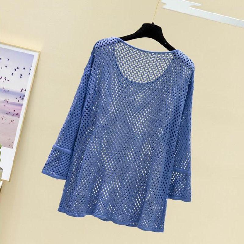 Summer Ice Silk Knitted Sunscreen Blouse Trumpet Net Shirt Top Hole Thin Women's Loose Hollow See-through Fabric Light and Breathable