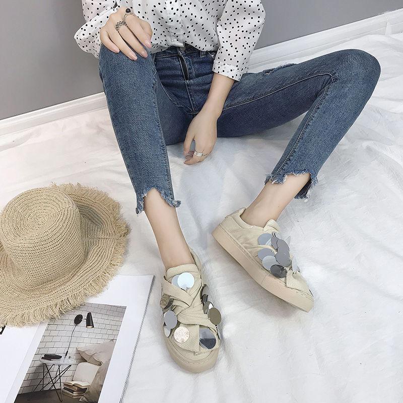 Women's Shoes Hong Kong Style Small White Shoes Women's Sequined Canvas All-match Flat Shoes