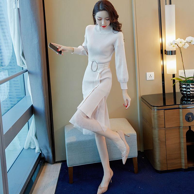 Autumn Winter Women's Long Sweater Dress Calf Length Slim Outer Wear Knit Dress with Belt