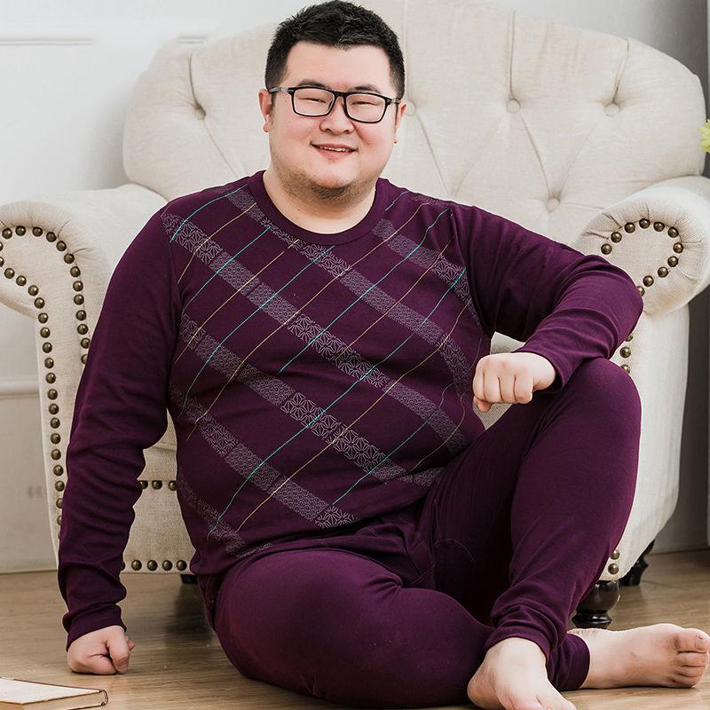 Men's Plus Fat and Increased Pure Cotton Autumn Clothes Long Trousers Suit Large Size Thin Thermal Underwear Fat Man Middle-aged Fat Guy Loose