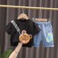 Children's Summer Boys Girls Short Sleeve Suit Casual Printed Bear Three-dimensional Pocket T-shirt Denim Shorts Two Piece Set