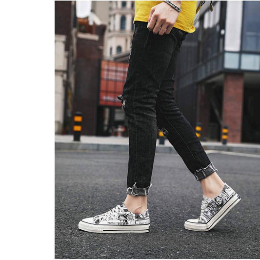 Comic canvas shoes men's high-top shoes trend graffiti white shoes casual student sneakers