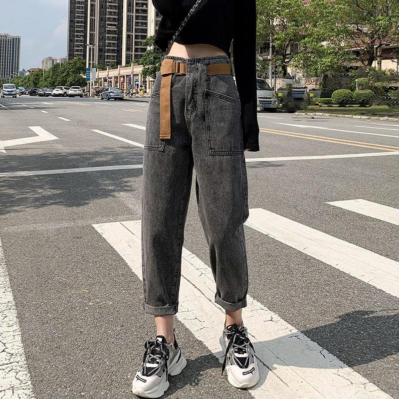 WTEMPO Women's Jeans Loose and Slim Wide Leg Straight  Denim Big Pocket Trousers Equipped with Belt