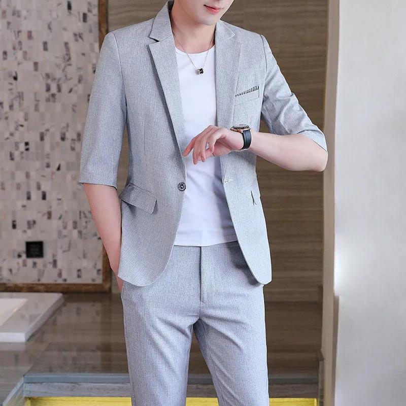 Men's Suit Three-quarter Sleeves Summer Thin Slim Half-sleeved Suit Men's Jacket Fashion Three-piece Men's Trend