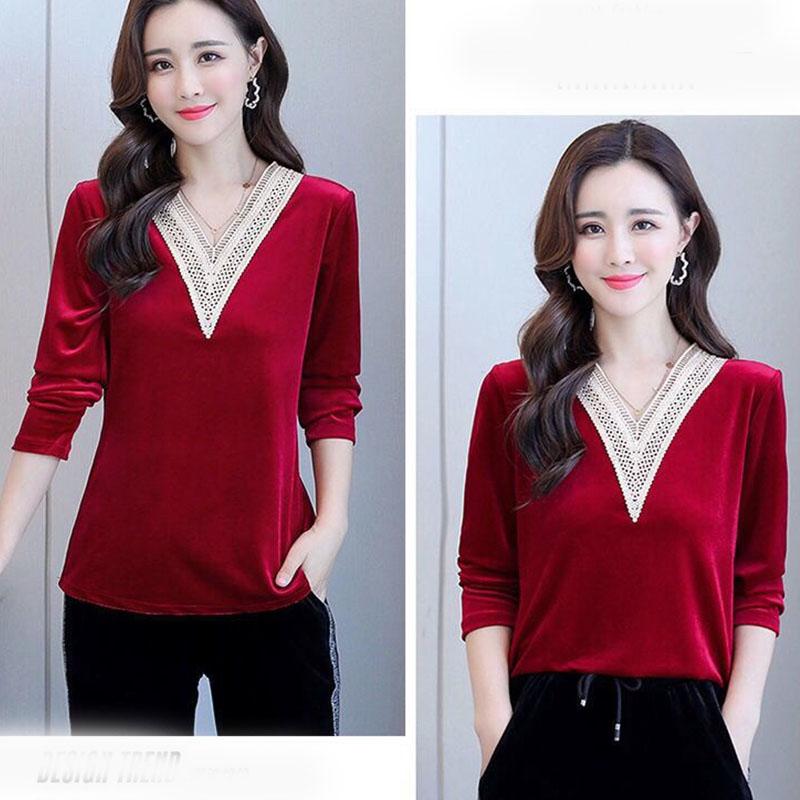 Women Sexy V-neck Golden velvet Office Blouse Elegant Long Sleeve Wild Basic Shirts Vintage Casual Ladies Top Spring Fall Pullover