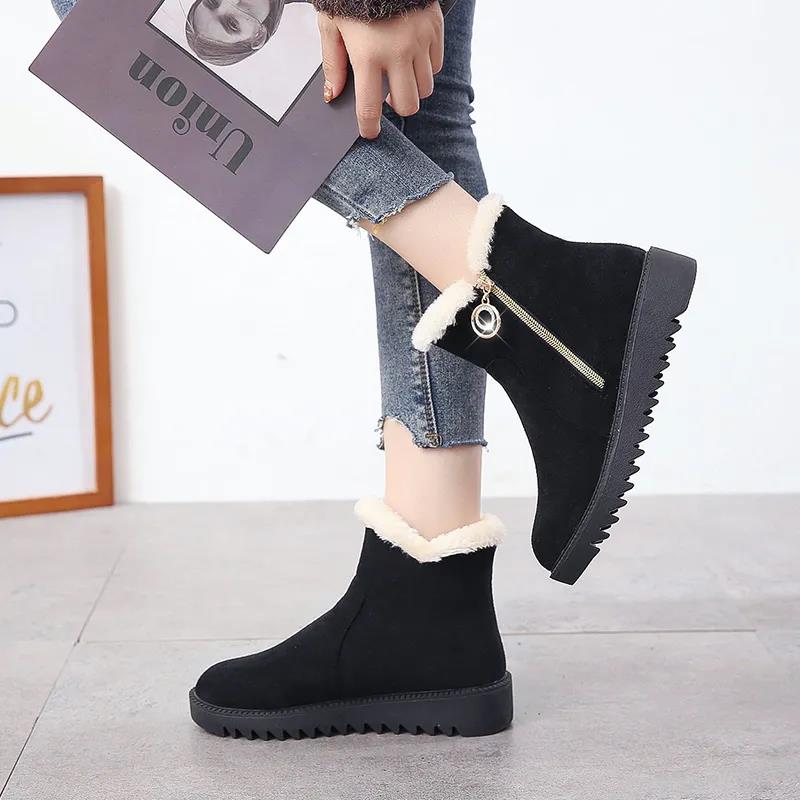 Short Boots Women 2021 Winter Chelsea Boots Flat Non-slip Warmth Platform Shoes Side Zipper Naked Boots