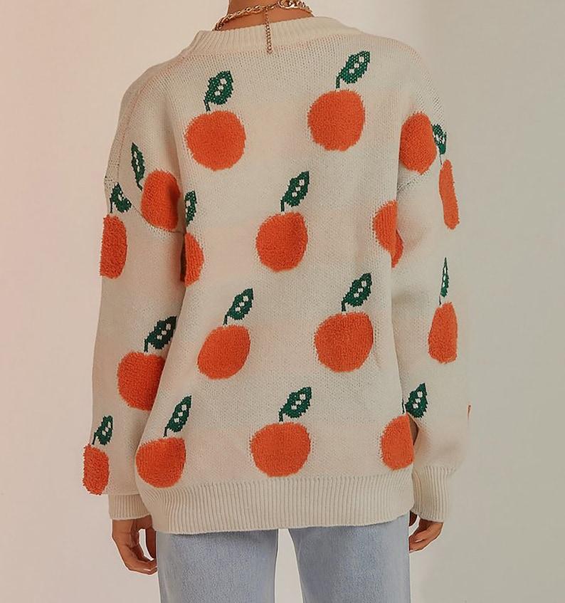 Orange Fruit Winter Knit Sweater, Female Crew Neck Pullover, Long Sleeve Jumper, Women Casual Sweatshirt