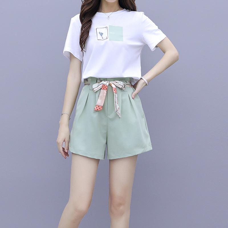 Pofulove Female Shorts Set Print Short Sleeve T-Shirt Wide Leg Shorts Two Piece Set Summer Outfits