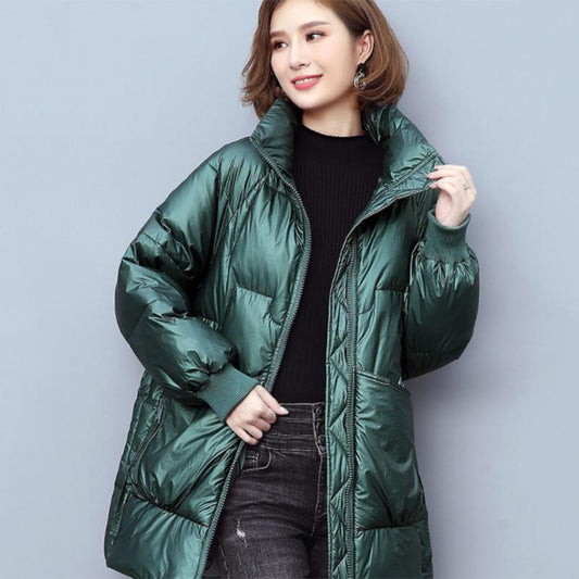 Women's Shiny Mid-length Down Jacket Winter Korean Style Loose Coat Warm Stand-collar Down Jacket