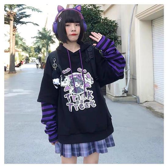 Japanese Warm Fake Two-piece Plus Velvet Sports Hoodie Sweet and Cute Striped Sweater Oversized Loose Pullover