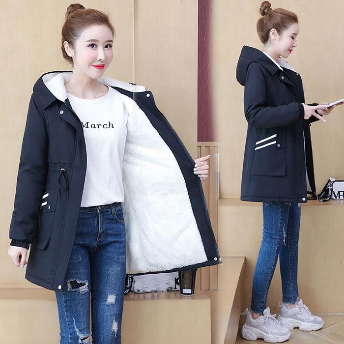 Autumn Winter Women Thickened Hooded Parka Jacket Casual Loose Drawstring Plus Velvet Windbreaker Jacket Warm Parka Coat