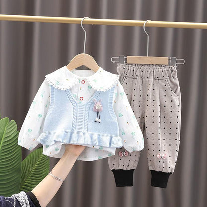 Female Baby Suit 0-4 Years Old Girl Korean Version of The Sweater Vest Three-piece Cute Spring and Autumn Long-sleeved Sets