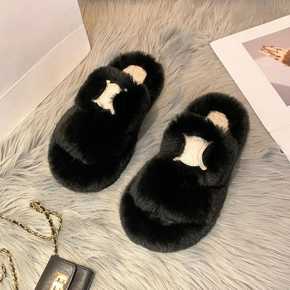 Ladies Cotton Slippers Plush Slippers Fall Winter Fashion Outer Wear All-match Flat Flat Shoes