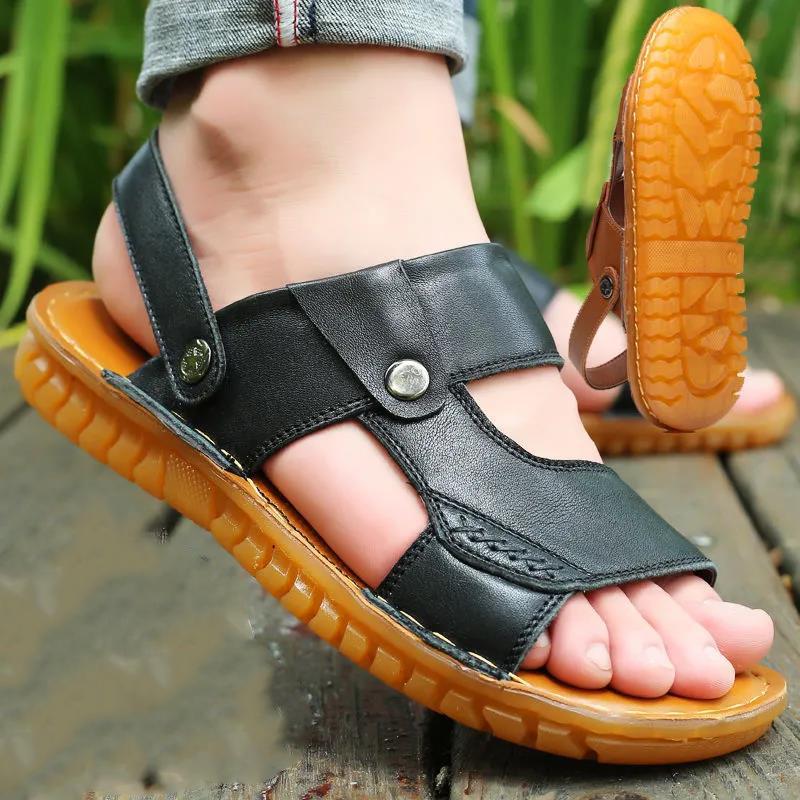 First Layer Cowhide Men's Sandals Tendon Sole Leather Beach Shoes Summer Leisure Sandals and Slippers Non-slip Soft Sole Sandals