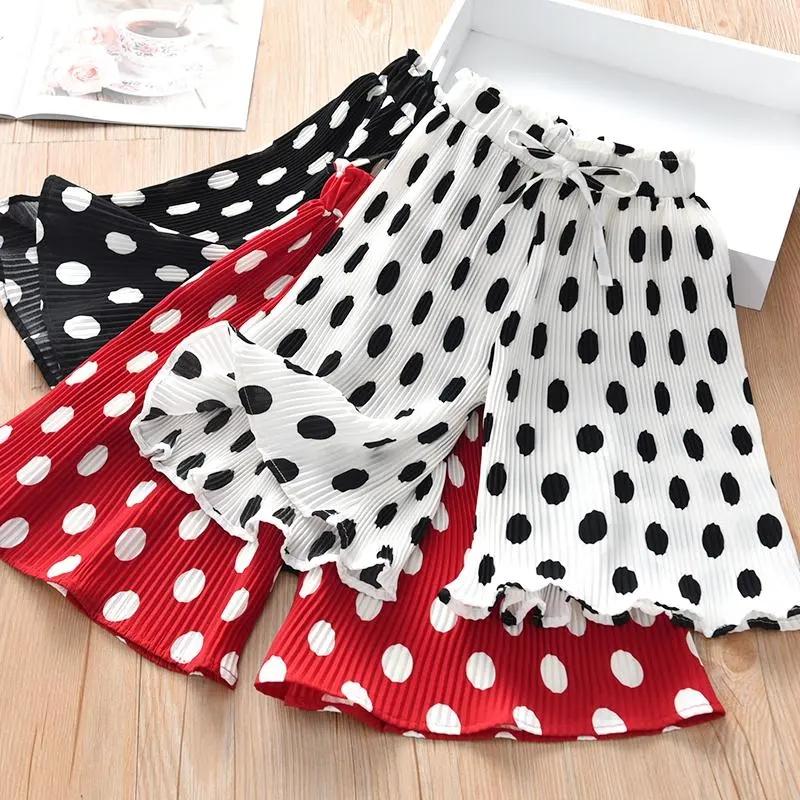 Girls Wide Leg Cropped Pants Summer Dress Polka Dot Pleated Anti-mosquito Casual Flared Pants