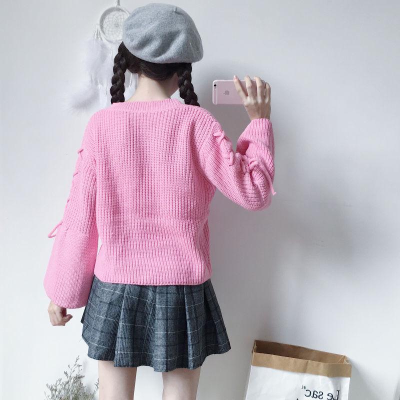 Autumn/winter Flared Sleeve Lace-up Top Bow Long-sleeved Sweater Fashion Casual Coat