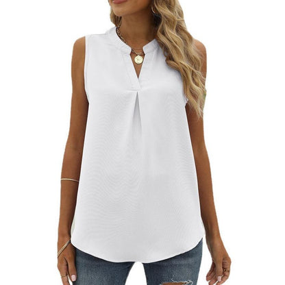 European and American Shirt Women's Spring and Summer Solid Color Chiffon Shirt Loose V-neck Pullover Sleeveless Top Vest