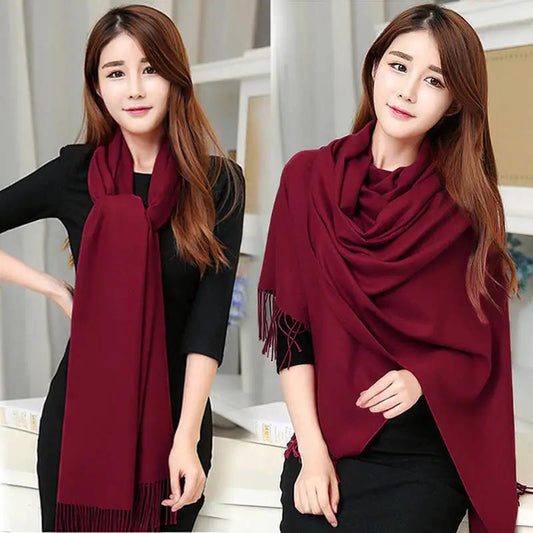 Women's Autumn and Winter Solid Color Scarf Imitation Cashmere Thick Warm Scarf Shawl Dual-use Korean All Match Bib Wrap Shawl Long Tassel Neckchief