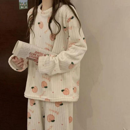 Women's Sweet Cute Peach Pajamas Two-piece Sleepwear Female Autumn and Winter Warm Flannel Home Suit