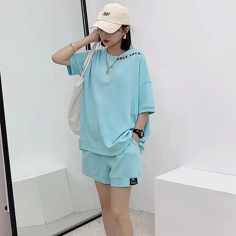 2PCS Summer Loose Neckline Letter Short Sleeve T-Shirt + Shorts Two-piece Women's Sports Casual Suit Workout Clothes for Girl Jogging Suit