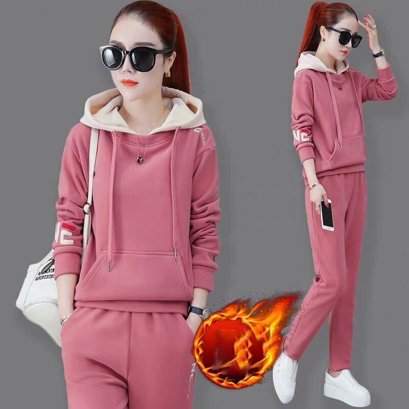 Plus Velvet Thickened Leisure Sports Suit Women Loose Hooded Hoodie Two-piece Fabric Breathable Warmth and Comfort