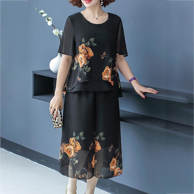 WTEMPO Middle-aged Women's Plus Size 2pcs Chiffon Shirt Pants Suit  Spring and Summer Short Sleeve Loose Casual Printing Two-piece Set