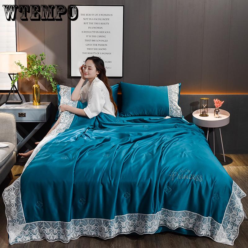 3 Pcs Set Quilt Cover Ice Silk Simulation Silk Solid Color Silk Lace Pillowcase