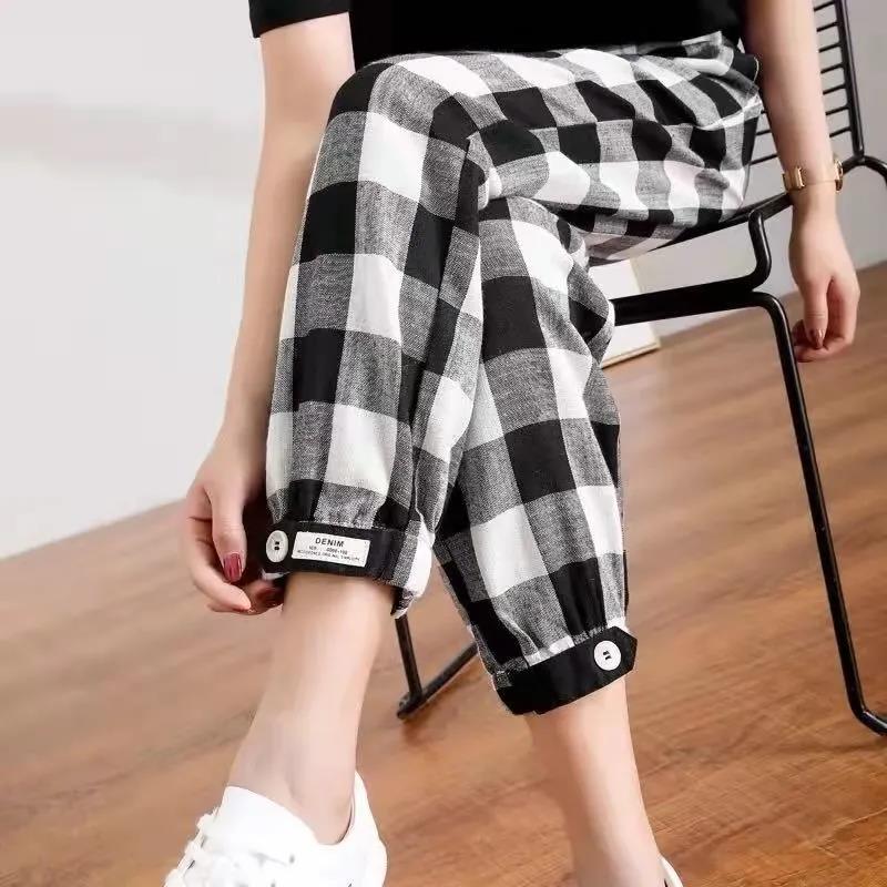 Women Long Pant In Spring and Summer Elastic Waist Loose Versatile Plaid Striped Casual Bottom Pant