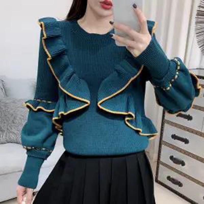 Autumn  Winter Sweater Women's Knit Sweater Round Neck Pullover Fashion Ruffled Wild Long-sleeved Bottoming Shirt