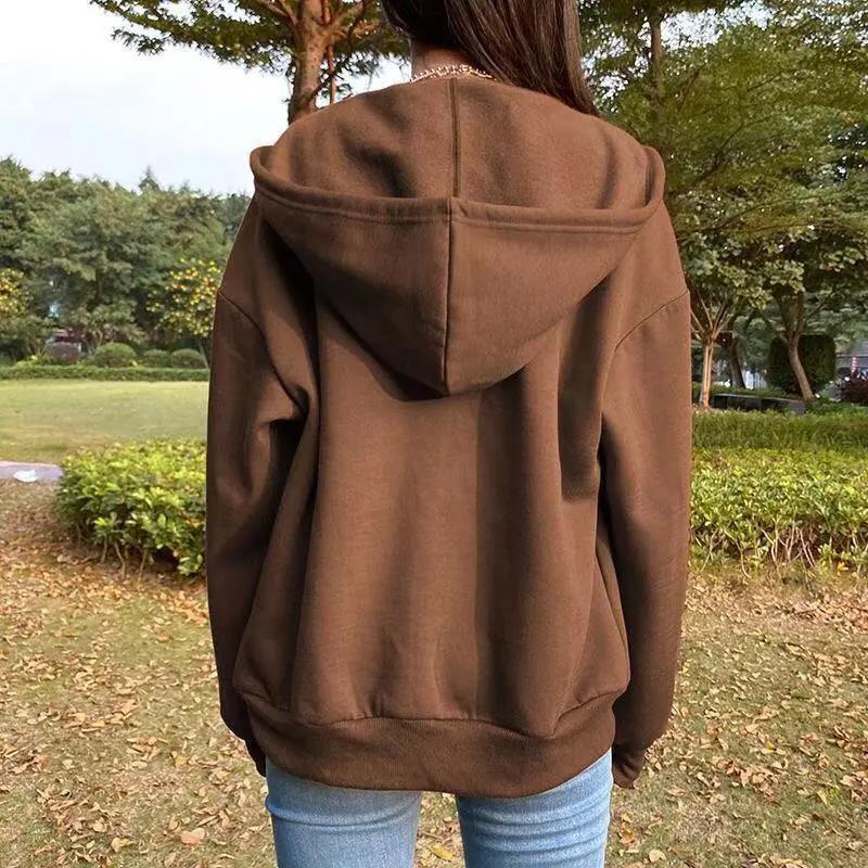 Brown Zip Up Sweatshirt Jacket Clothes Oversize Hoodies Women Plus Size Vintage Pockets Long Sleeve Pullovers