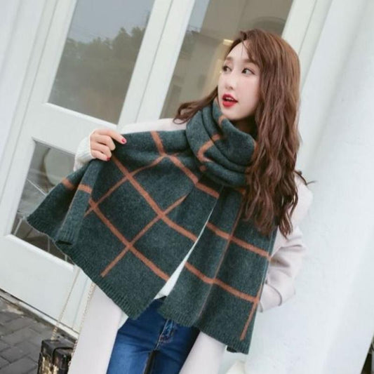 Women's Winter Woolen Scarf Fashion Plaid Double-sided Thickening Korean Wild Couple Knitted Scarf Shawl