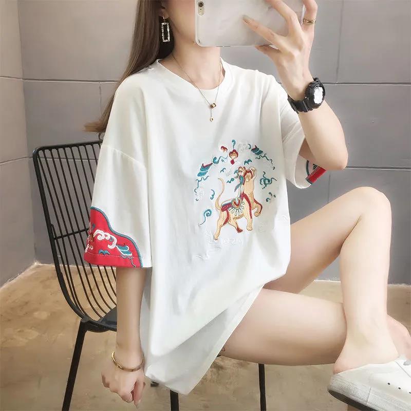 Chinese Style Embroidery Round Neck T-shirt Summer Loose Breathable Women's Tops Ladies Basic Tee Shirt