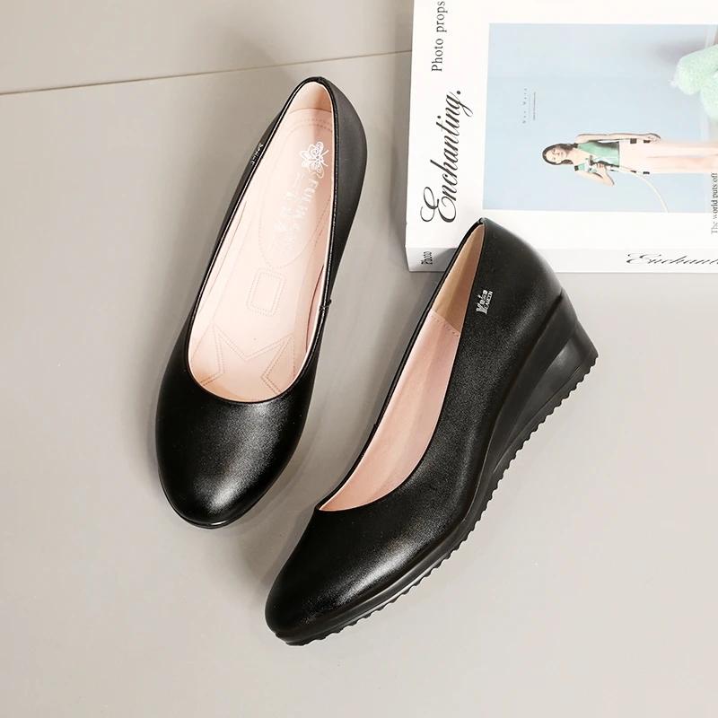 Women's Black Work Shoes Mid-heel Working Shallow Mouth Professional Single Shoes Soft Sole Fashionable Non-slip Formal Wear Comfortable Leather Shoes