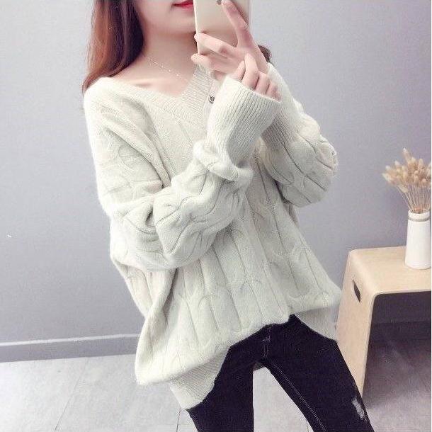 Knitted Sweater V-Neck Long Sleeve Pullovers Loose Coat Casual Autumn Winter Women's Sweater