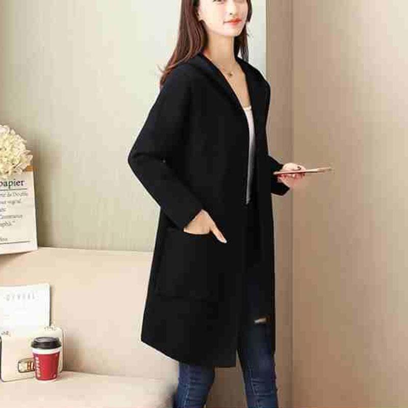 Autumn and Winter Hooded Knitted Jacket Temperament Loose Thick Coat Mid-length All-match Cardigan Female Jacket