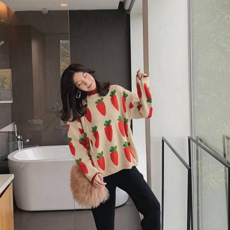 Pofulove Christmas Carrot Sweater Women's Autumn Winter Wear Loose Inner Jumper Long Sleeve Bottoming Sweater