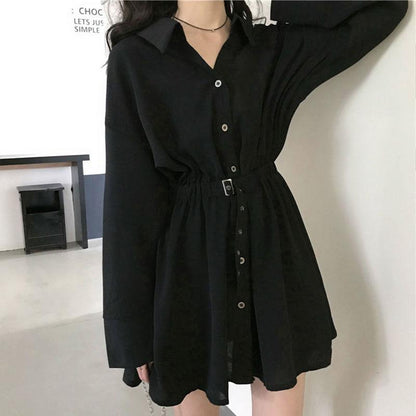 Spring and Autumn Clothing Lightly Cooked Hepburn Style Design Sense Small Black Skirt Waist Slimming Long-sleeved Dress Women