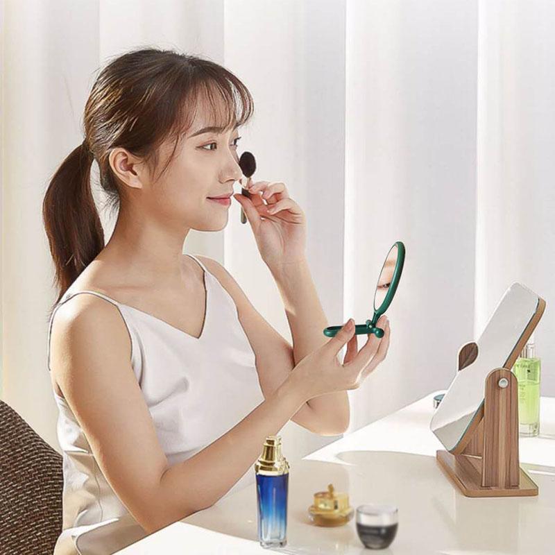 Women Hand-held Makeup Mirror Portable HD Thin and Light Travel Appointment Long Handle Foldable Enlarge Small Mirror