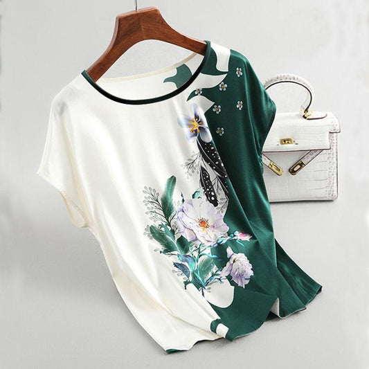 Ice Silk T-shirt Women's Summer Middle-aged and Elderly Mother's Dress Western Style Plus Size Printing Short-sleeved Loose Top