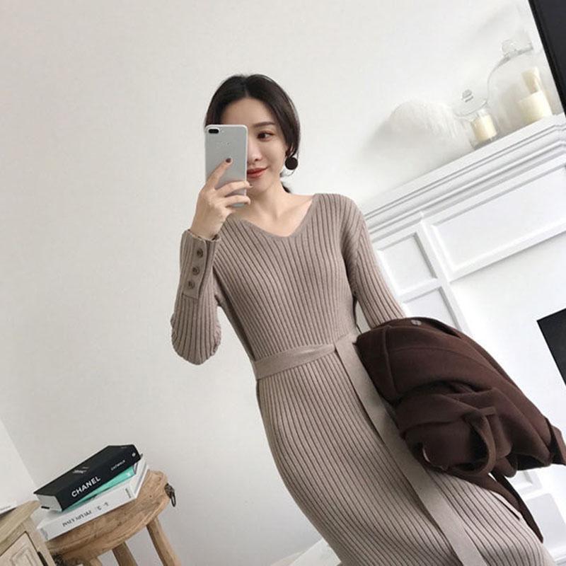 Autumn and Winter Slim V-neck Sweater Dress Long Over-the-knee Sweater Dress Fashion Inner Base Dress