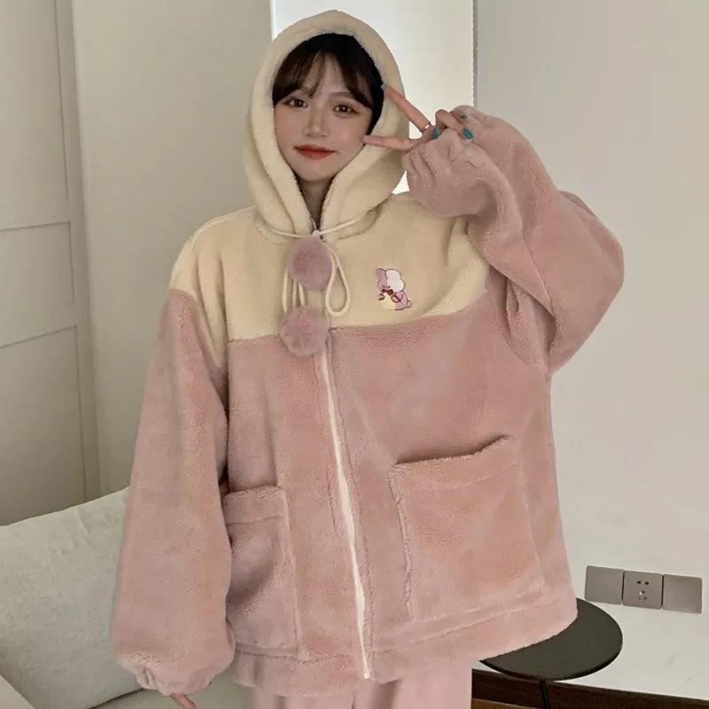 Japanese Cute Faux Lamb Wool Cardigan Sweater Women Loose Plus Velvet Thick BF Jacket Ladies Hooded Warm Top Coat