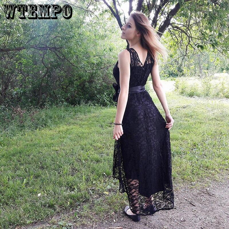 Women Summer Lace Dress with Belt Irregular Hem O Neck Sleeveless Sexy Black Long Dresses Back Zipper Vestidos